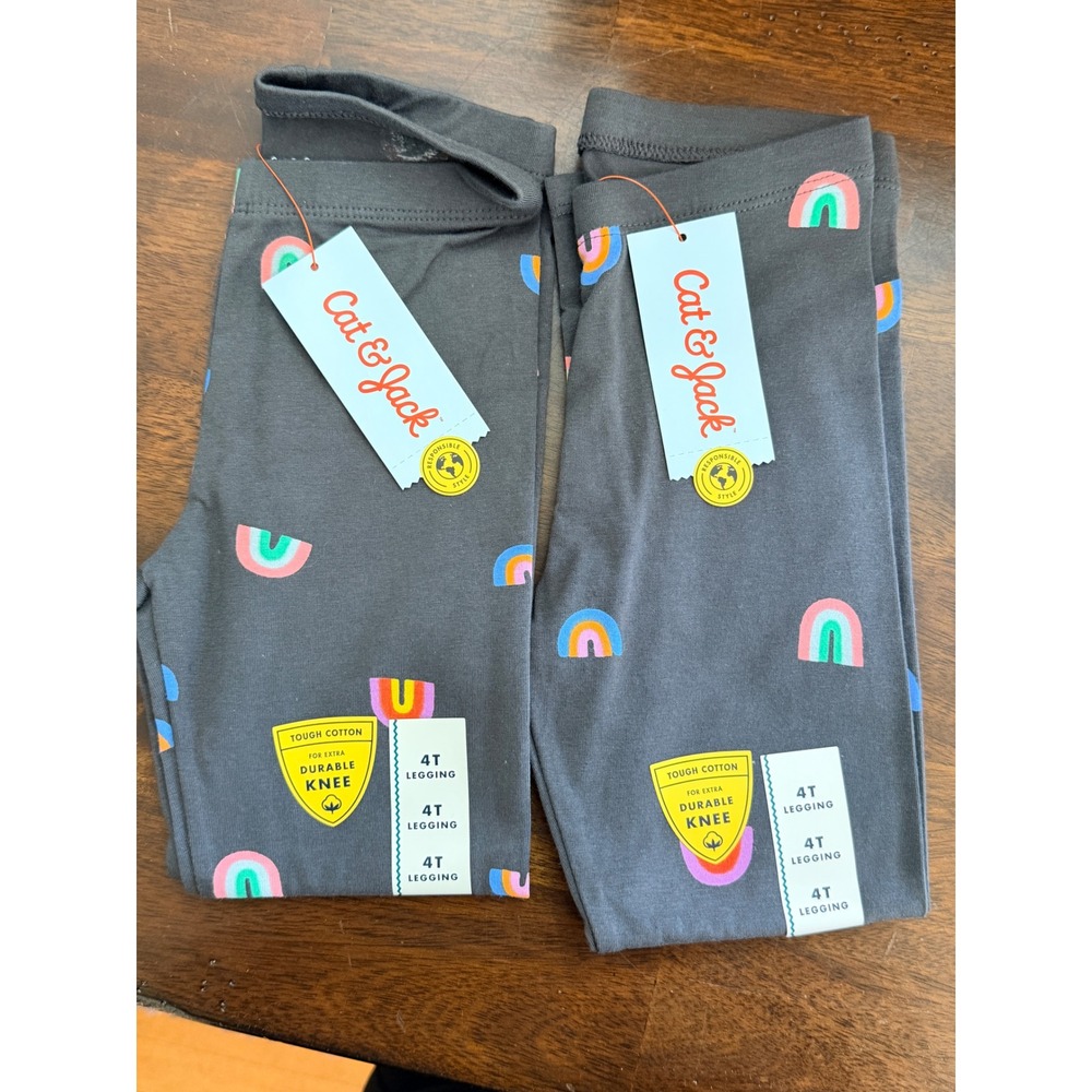 Cat & Jack Girls 4T Leggings 2 Pack Tough Cotton Durable Knee‎ Rainbow Gray NWT